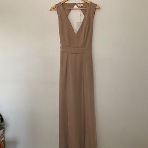 Maya Deluxe Taupe V-Neck Open Back Maxi Dress